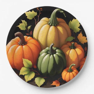 Colourful Pumpkins Black Background Paper Plate