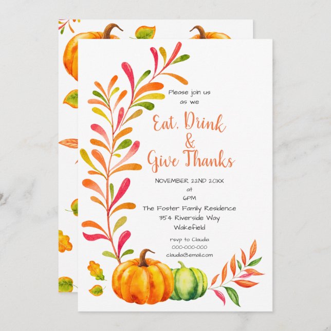 Colourful Pumpkins Fall Thanksgiving Dinner Invitation (Front/Back)