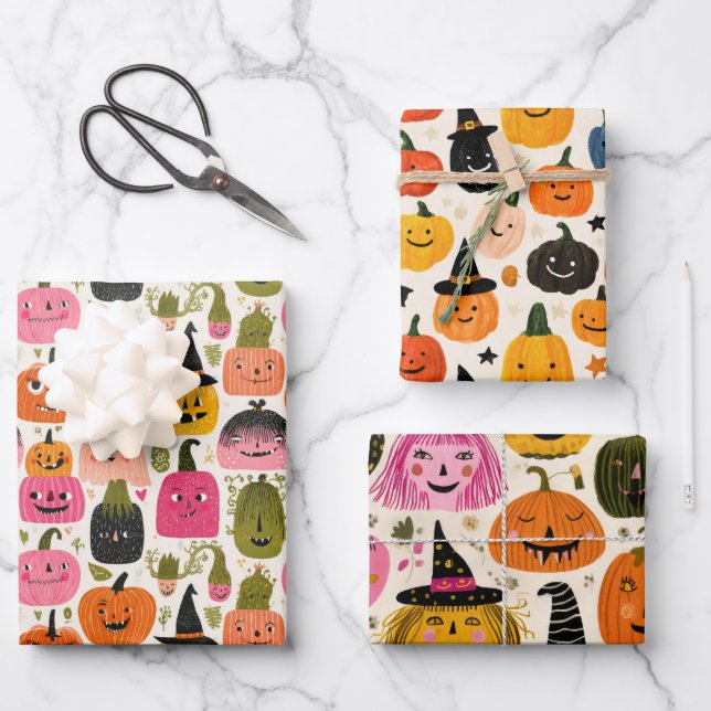 Colourful Pumpkins Whimsical Halloween Spooky Cute Wrapping Paper Sheet (Front)