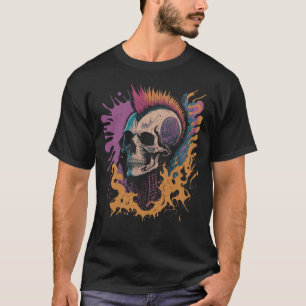 Colourful Punk Mohawk Skull Paint Splatter Black T-Shirt