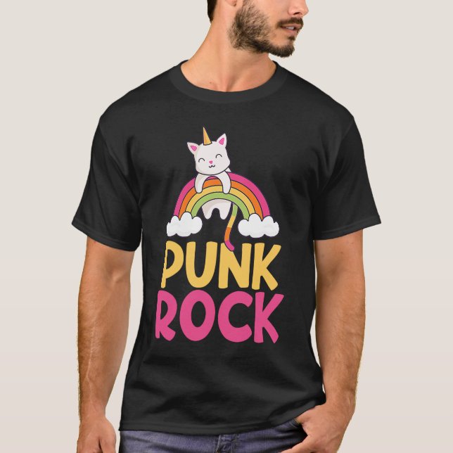 Colourful Punk Rock Rainbow Cat Unicorn Unicat T-Shirt (Front)