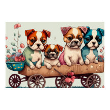 Colourful Puppies in a Wagon