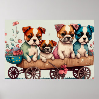 Colourful Puppies in a Wagon Poster