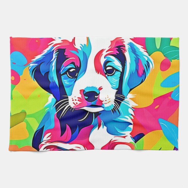 Colourful Puppy Artwork Tea Towel (Horizontal)