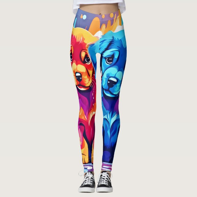 Colourful Puppy Pair Art Leggings (Front)