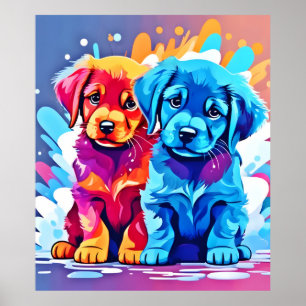 Colourful Puppy Pair Art Poster