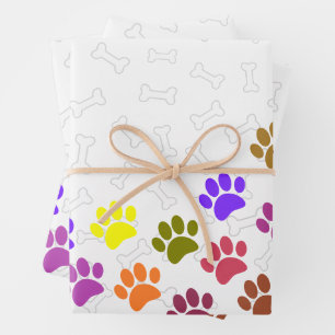 Colourful Puppy Paw Prints and Bones Custom Text Wrapping Paper Sheet