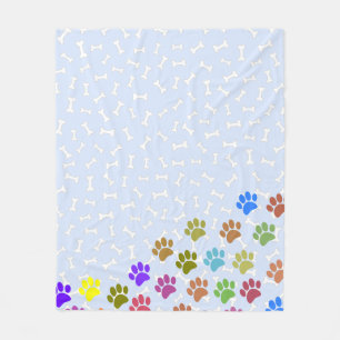 Colourful Puppy Paw Prints and Bones Light Blue Fleece Blanket