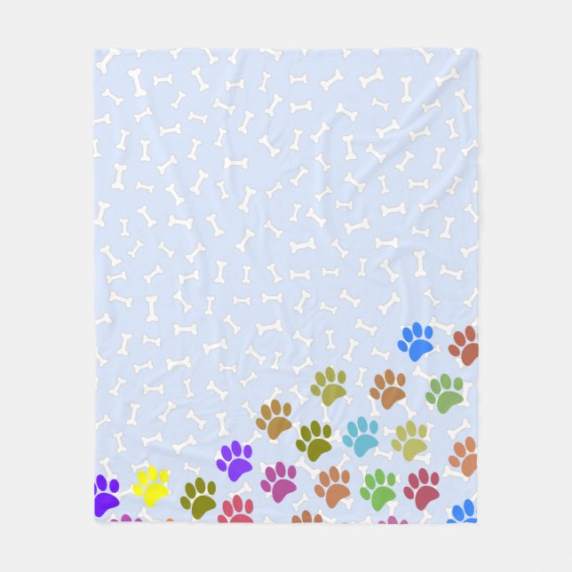 Colourful Puppy Paw Prints and Bones Light Blue Fleece Blanket (Front)