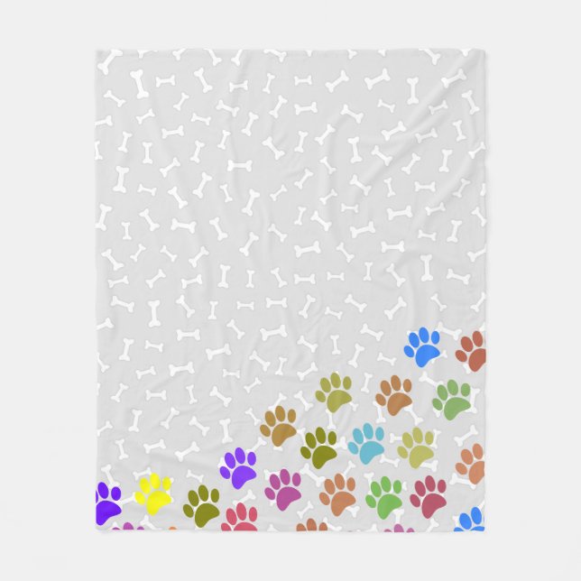Colourful Puppy Paw Prints and Bones Light Grey Fleece Blanket (Front)