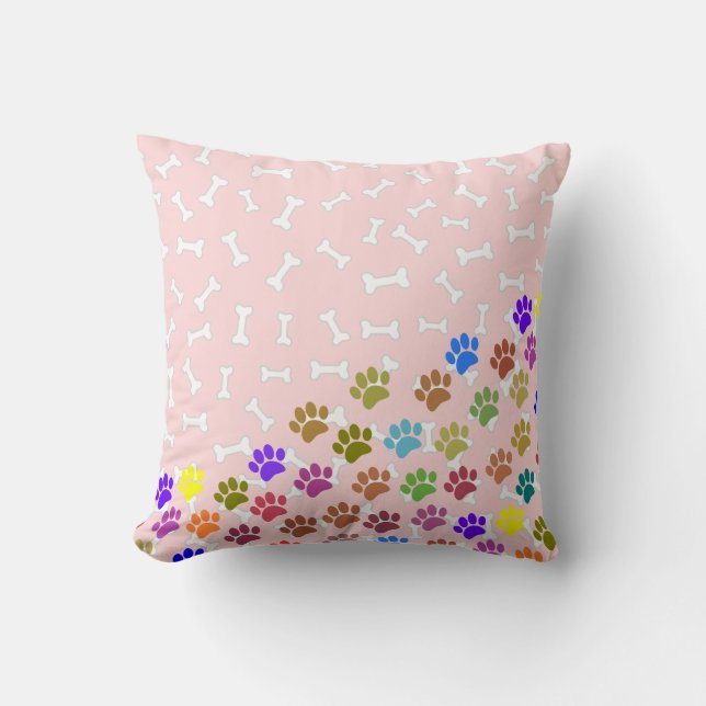 Colourful Puppy Paw Prints and Bones Light Pink Cushion (Front)