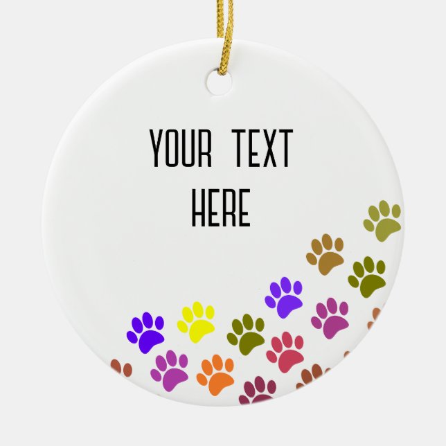 Colourful Puppy Paw Prints With Custom Text Ceramic Tree Decoration (Front)