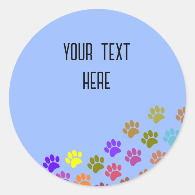 Colourful Puppy Paw Prints With Custom Text Classic Round Sticker (Front)