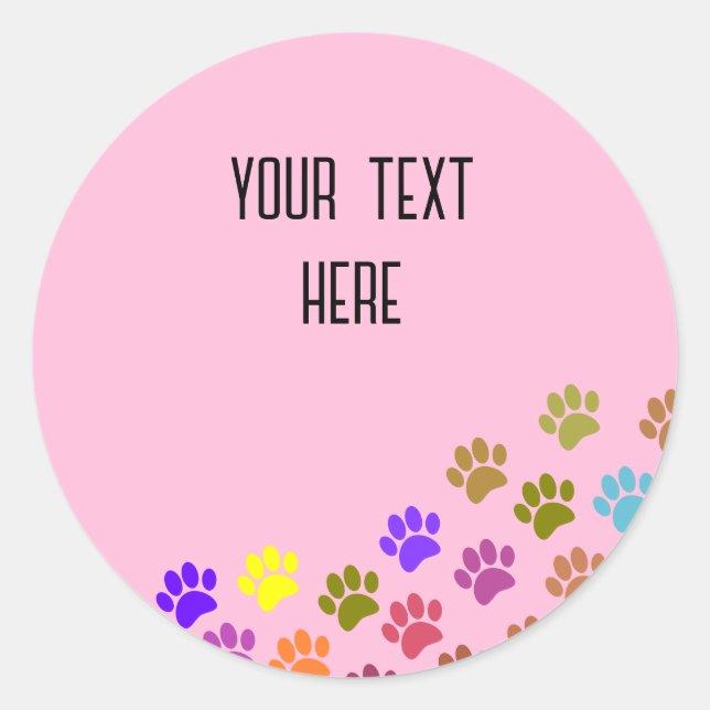 Colourful Puppy Paw Prints With Custom Text Classic Round Sticker (Front)
