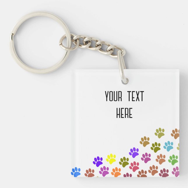 Colourful Puppy Paw Prints With Custom Text Key Ring (Front)