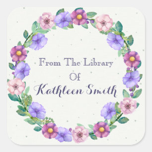 Colourful Purple And Pink Floral Wreath Bookplate Square Sticker