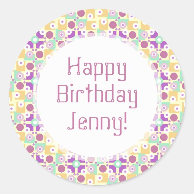 Colourful Purple and Yellow Retro Happy Birthday Classic Round Sticker (Front)