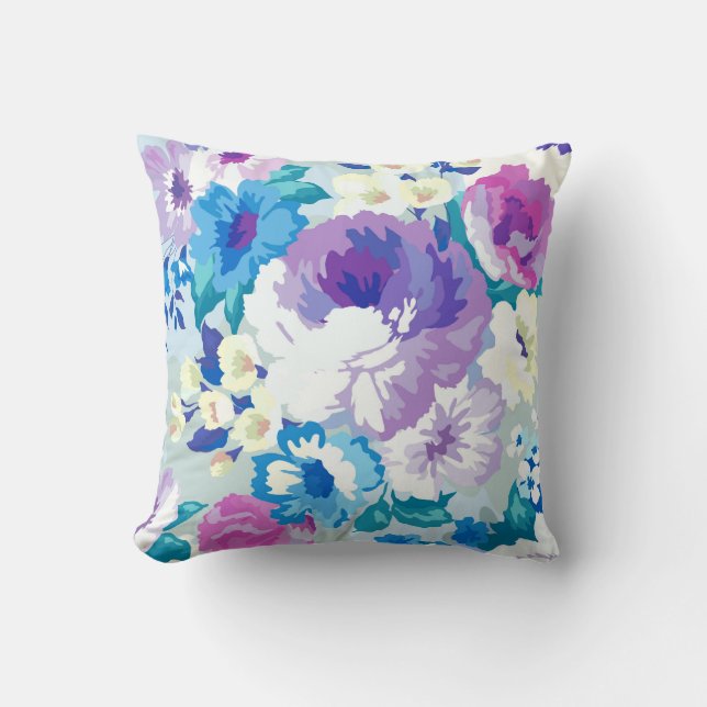 Colourful Purple & Blue Flowers Watercolors Cushion (Front)