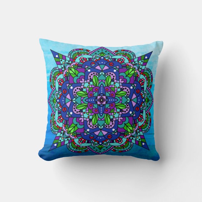 Colourful Purple, Blue, Green Mandala Cushion (Front)
