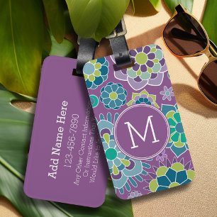 Colourful Purple Floral Pattern Custom Monogram Luggage Tag