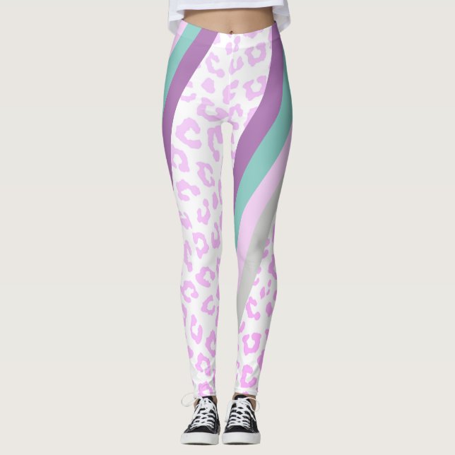 Colourful Purple Leopard Animal Print Leggings (Front)