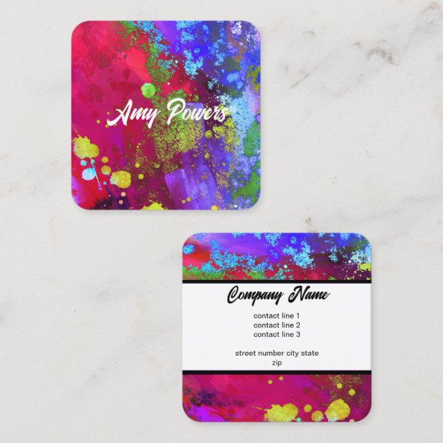 colourful purple magenta modern paint splatter square business card (Front/Back)