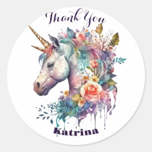 Colourful Purple Magical Floral Unicorn Watercolor Classic Round Sticker