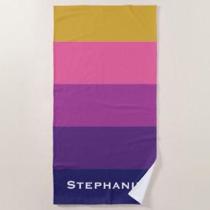 Colourful Purple Pink Gold Abstract Stripes Name Beach Towel