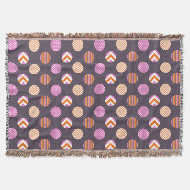 Colourful Purple, Pink & Orange Polka Dot Pattern Throw Blanket (Front)