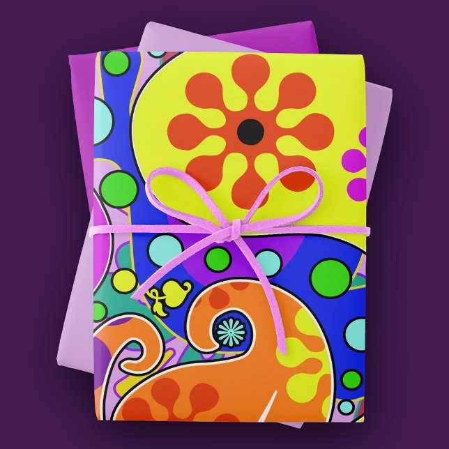 Colourful Purple Pink Yellow Orange Paisley Floral Wrapping Paper Sheet (Creator Uploaded)