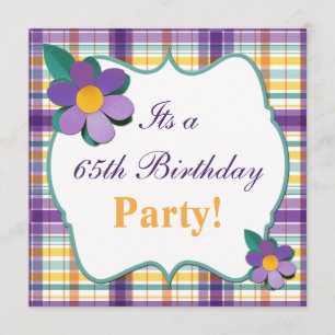 Colourful Purple Plaid 65th Birthday Invitation