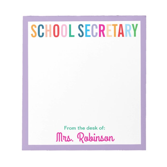 Colourful Purple School Secretary From the Desk of Notepad (Front)