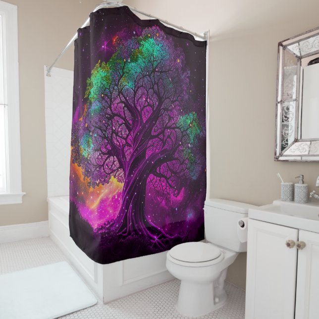 Colourful Purple Tree Stars Universe Artwork | Shower Curtain (In Situ)