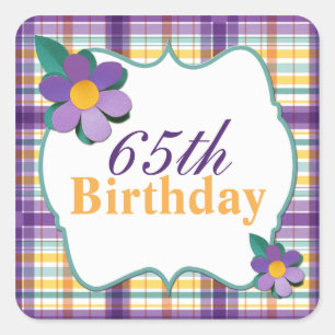 Colourful Purple Yellow Plaid 65th Birthday Square Sticker