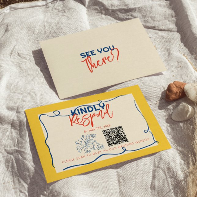 Colourful QR Code Handwritten Quirky Cute Wedding RSVP Card (Creator Uploaded)