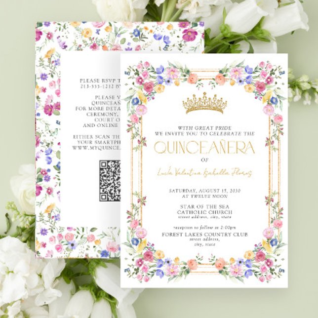 Colourful QR Wildflower Floral Garden Quinceañera Invitation (Creator Uploaded)