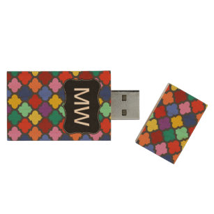 Colourful Quatrefoil Lattice Trellis Monogram Wood USB Flash Drive