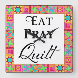 Colourful Quilt Blocks Border Art Eat Pray Quilt Square Wall Clock