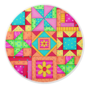 Colourful Quilt Patchwork Block Art Ceramic Knob