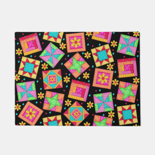 Colourful Quilt Patchwork Blocks Black Custom Doormat