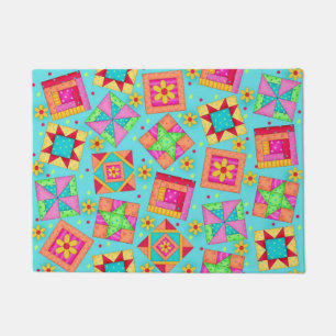Colourful Quilt Patchwork Blocks Turquoise Blue Doormat