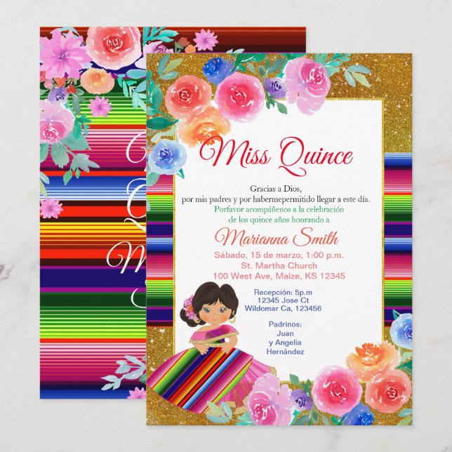 Colourful Quinceanera Floral Mexican Miss Quince  Invitation (Front/Back)