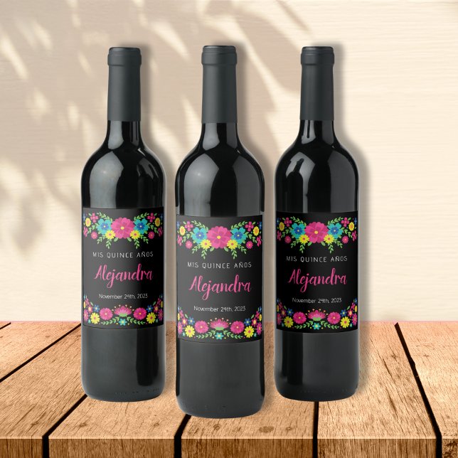 Colourful Quinceañera Mexican flowers Paper Napkin Wine Label (Creator Uploaded)