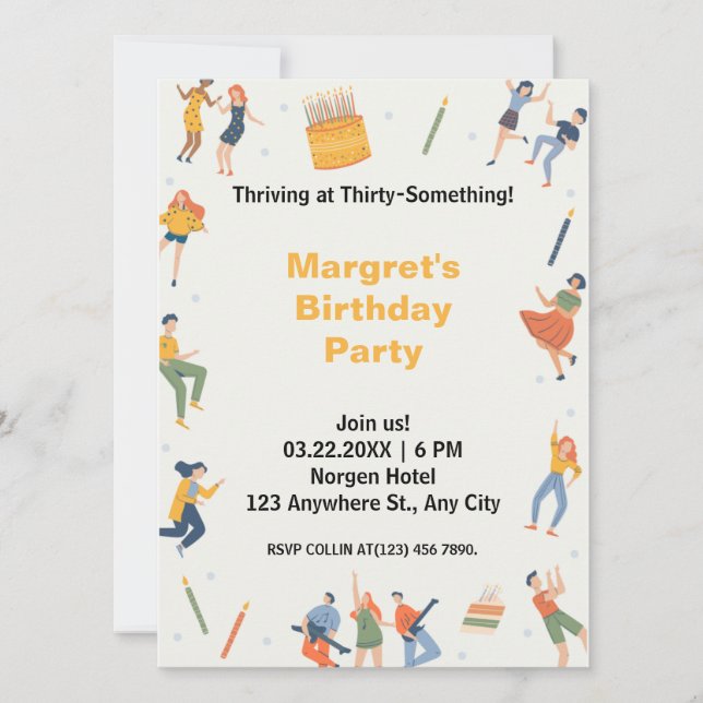 Colourful quirky music dance and cute cake birthda invitation (Front)