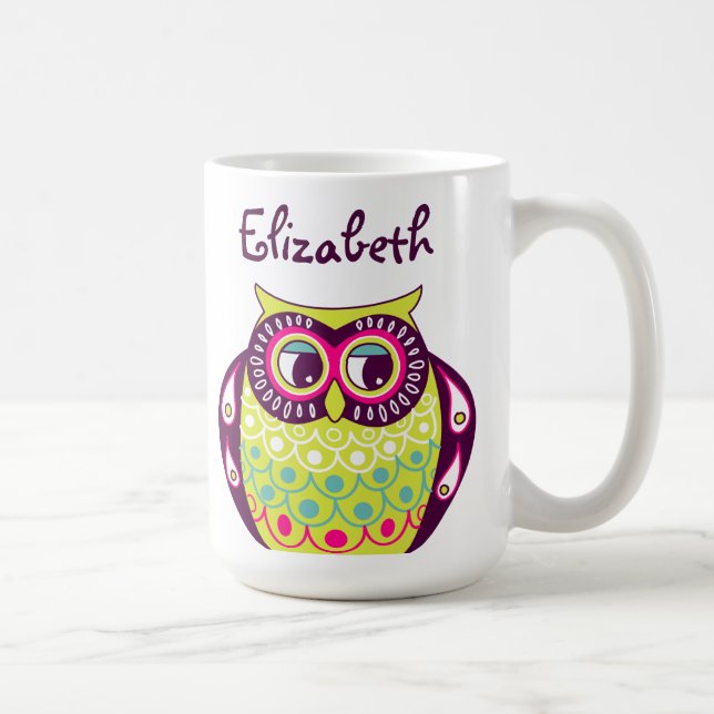 Colourful Quirky Tawny Owl Custom Name Mug (Right)