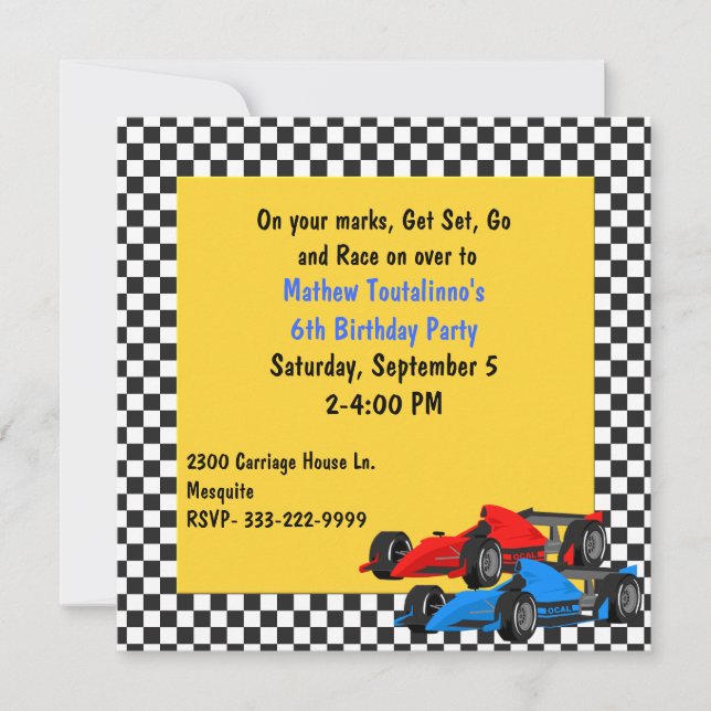 Colourful Race Cars Birthday Party Invitation (Front)