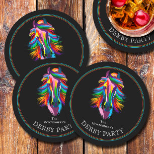 Colourful Racehorse Black Derby Round Paper Coaster