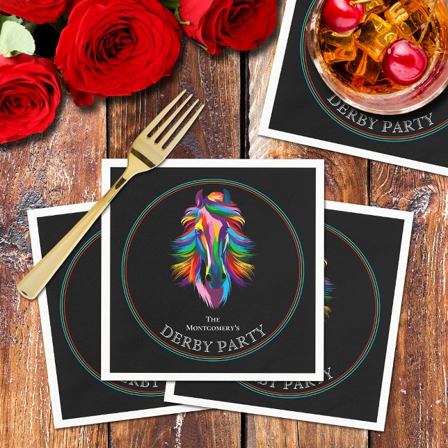 Colourful Racehorse Derby Party Napkin (Colorful racehorse on black Derby party cocktail napkins)