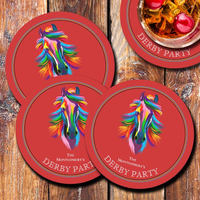 Colourful Racehorse Derby Party Red Round Paper Coaster (Colorful Racehorse Derby Party Round Red Paper Coasters)