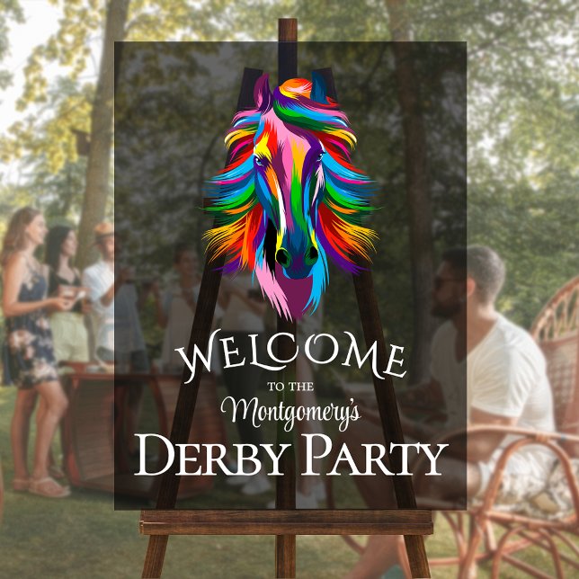 Colourful Racehorse Derby Party Welcome Acrylic Sign (Colorful racehorse on black derby party personalized acrylic welcome sign)